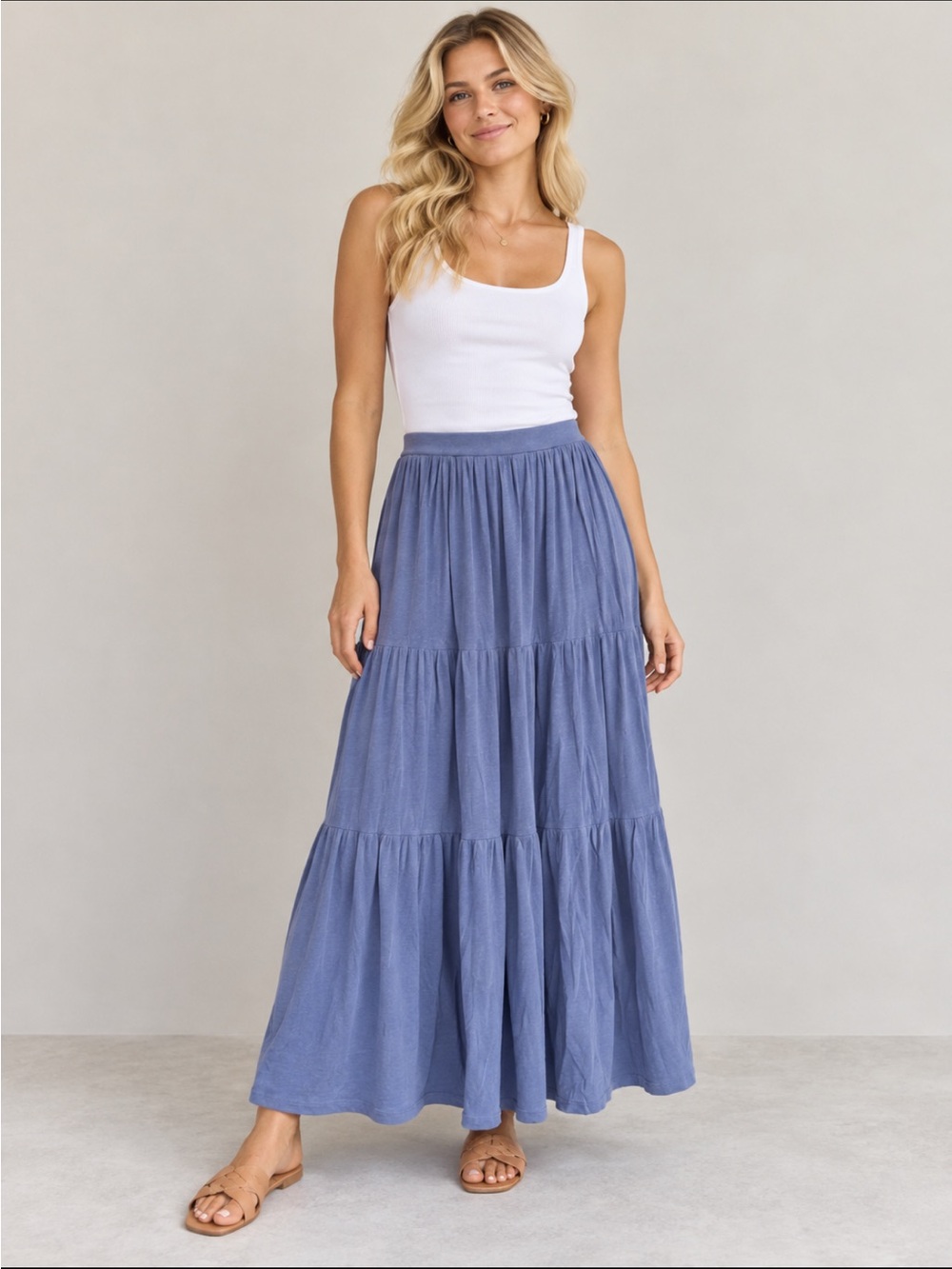 SUNDRY Blue Tiered Cotton Stretch Maxi Skirt Size 2 40042